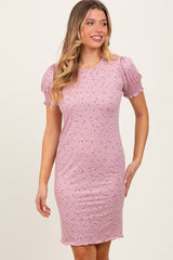Mauve Floral Ribbed Puff Sleeve Fitted Dress