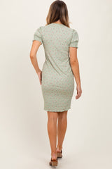 Light Olive Floral Ribbed Puff Sleeve Fitted Dress