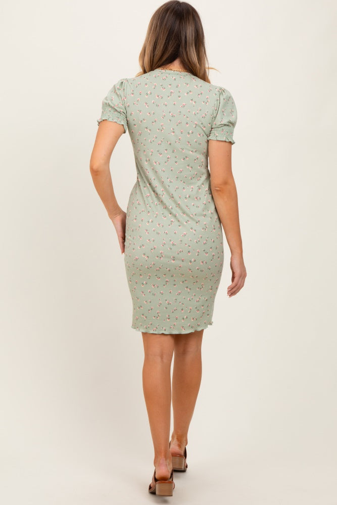 Light Olive Floral Ribbed Puff Sleeve Fitted Dress