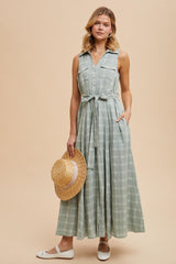 Light Olive Plaid Sleeveless Sash Tie Shirt Dress