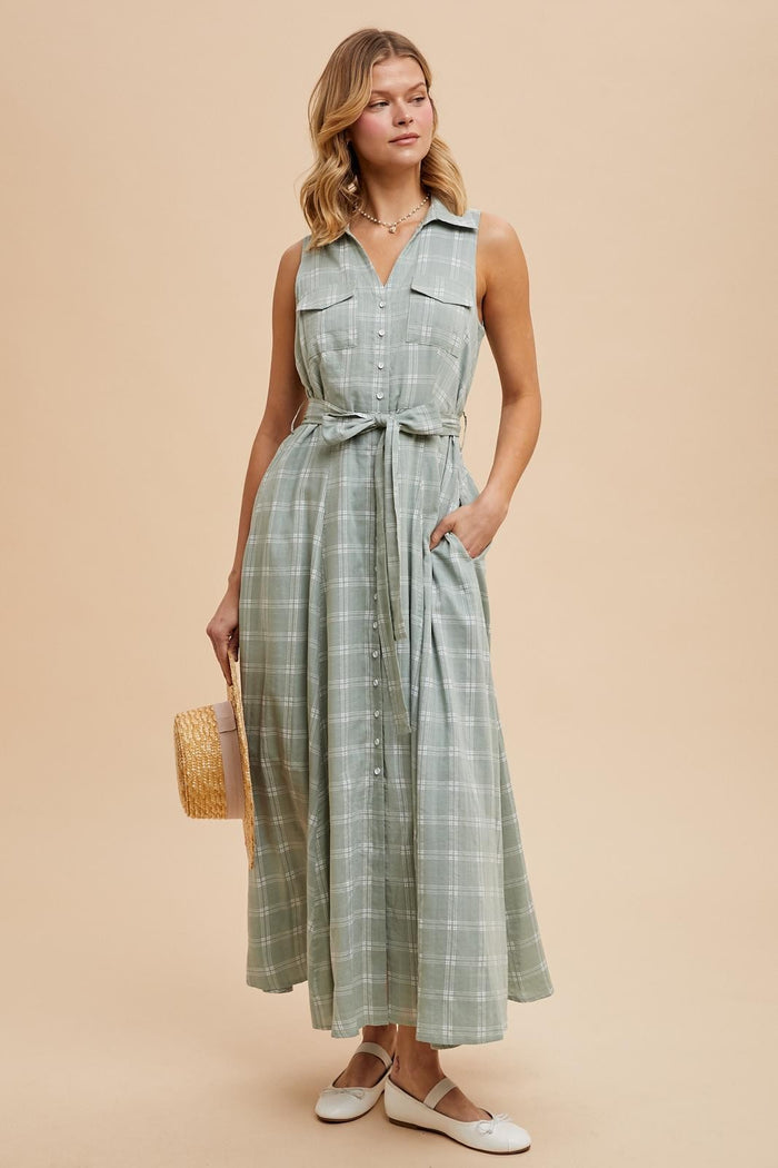 Light Olive Plaid Sleeveless Sash Tie Shirt Dress