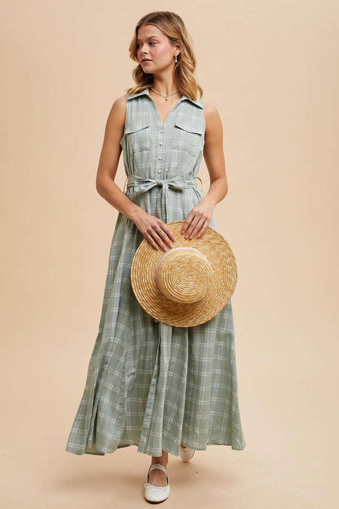 Light Olive Plaid Sleeveless Sash Tie Shirt Dress