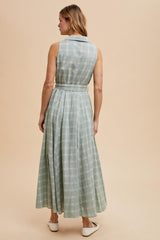 Light Olive Plaid Sleeveless Sash Tie Shirt Dress