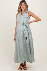 Light Olive Plaid Sleeveless Sash Tie Maternity Shirt Dress