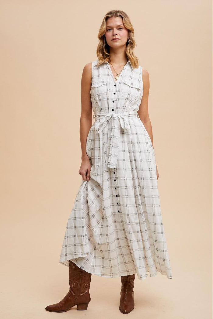 White Plaid Sleeveless Sash Tie Shirt Dress