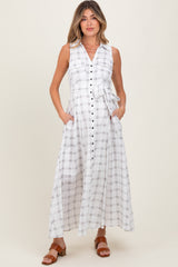 White Plaid Sleeveless Sash Tie Maternity Shirt Dress