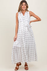 White Plaid Sleeveless Sash Tie Maternity Shirt Dress