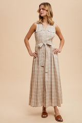 Beige Plaid Sleeveless Sash Tie Shirt Dress