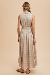 Beige Plaid Sleeveless Sash Tie Shirt Dress
