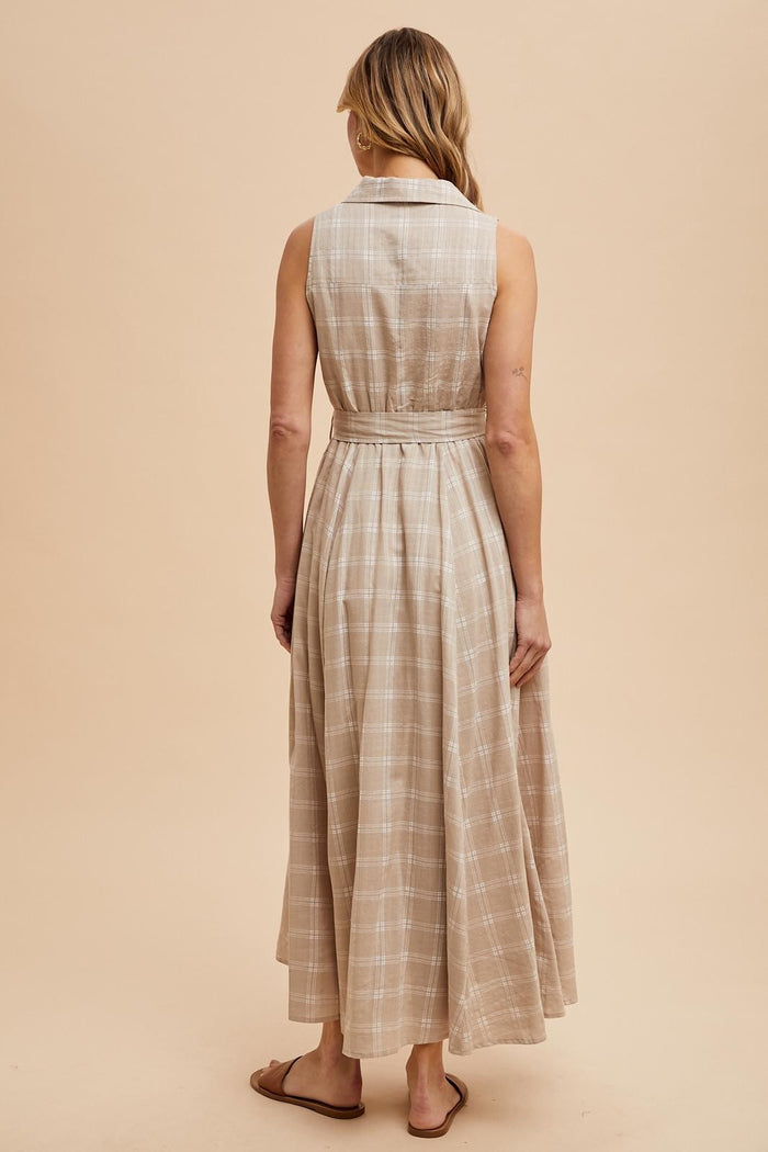 Beige Plaid Sleeveless Sash Tie Shirt Dress