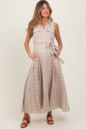 Beige Plaid Sleeveless Sash Tie Maternity Shirt Dress