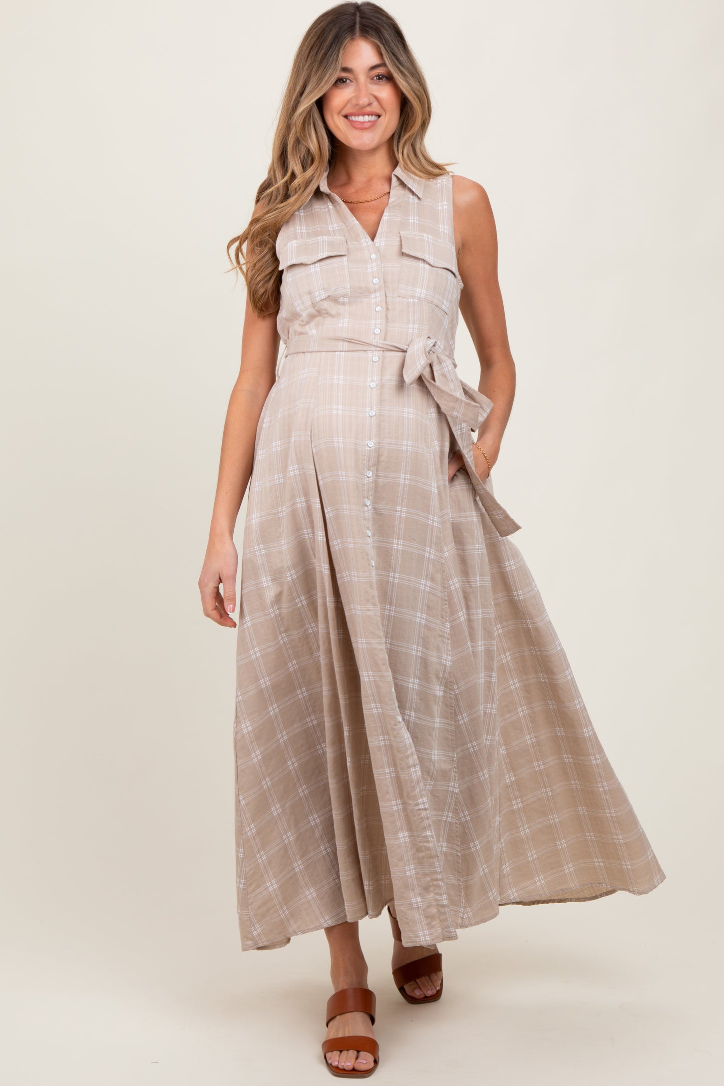 Beige Plaid Sleeveless Sash Tie Maternity Shirt Dress