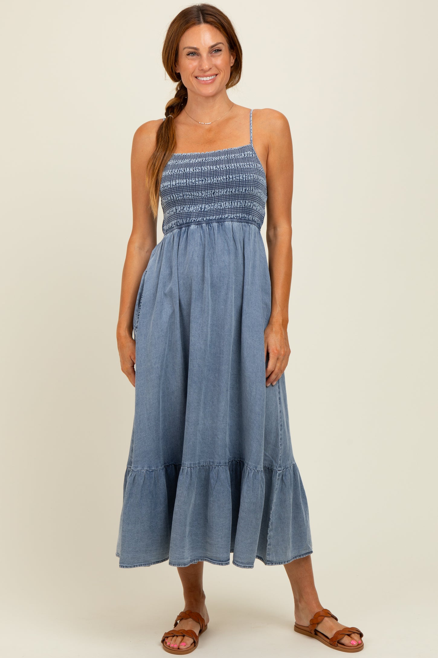 Blue Chambray Smocked Maternity Midi Dress