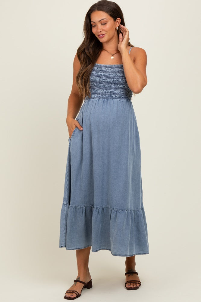 Blue Chambray Smocked Maternity Midi Dress