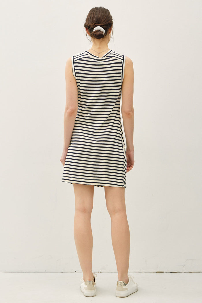 Navy Striped Sleeveless Side Tie Mini Dress