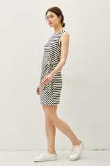 Navy Striped Sleeveless Side Tie Mini Dress
