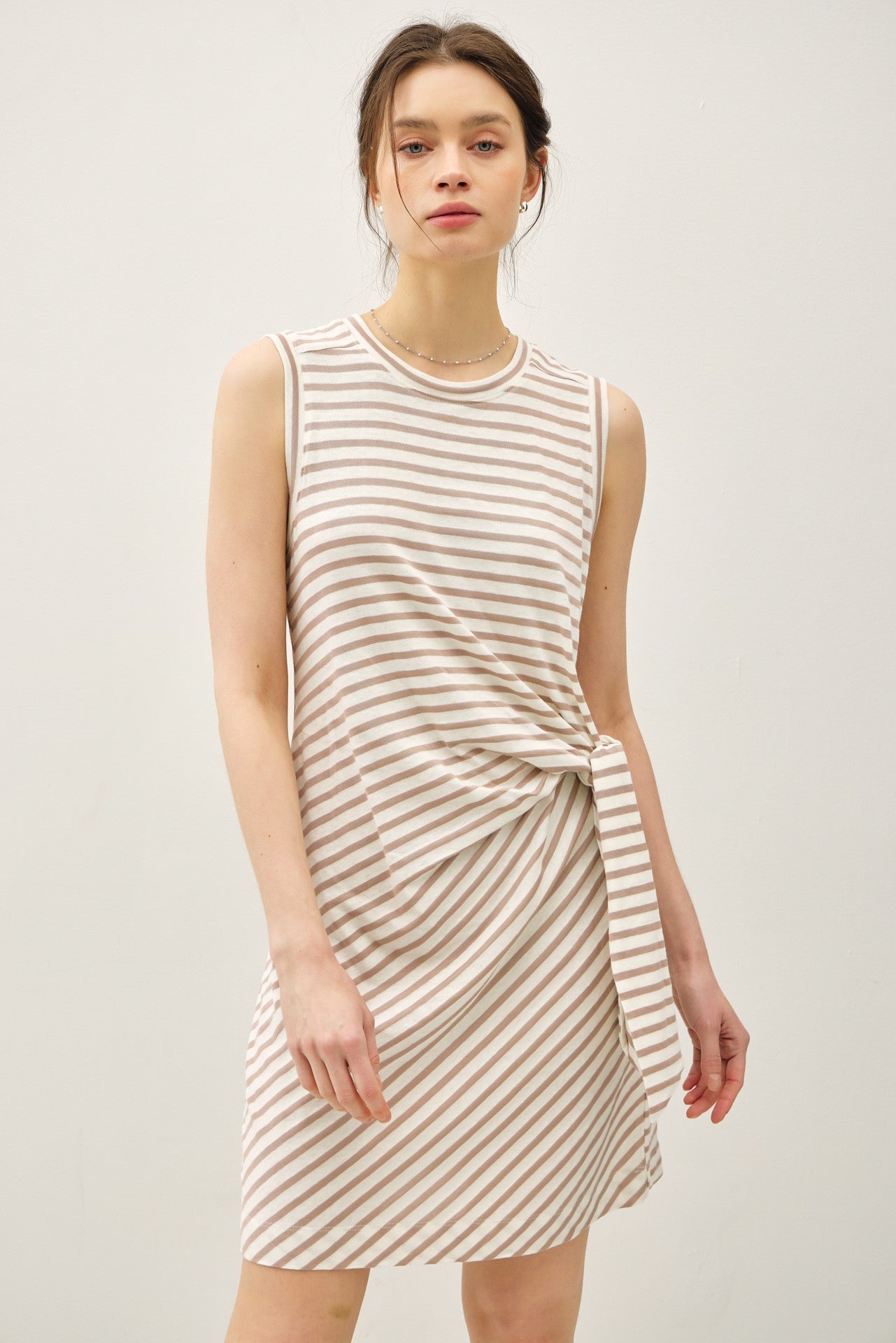 Light Taupe Striped Sleeveless Side Tie Maternity Mini Dress