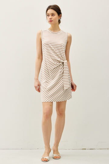 Light Taupe Striped Sleeveless Side Tie Mini Dress