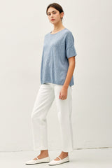 Blue Knit Drop Shoulder Short Sleeve Top