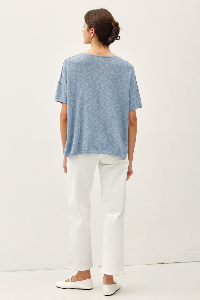 Blue Knit Drop Shoulder Short Sleeve Top
