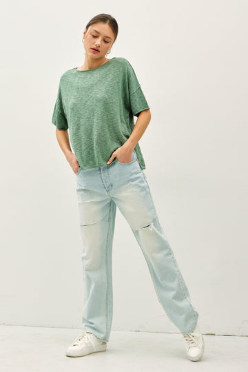 Green Knit Drop Shoulder Short Sleeve Top