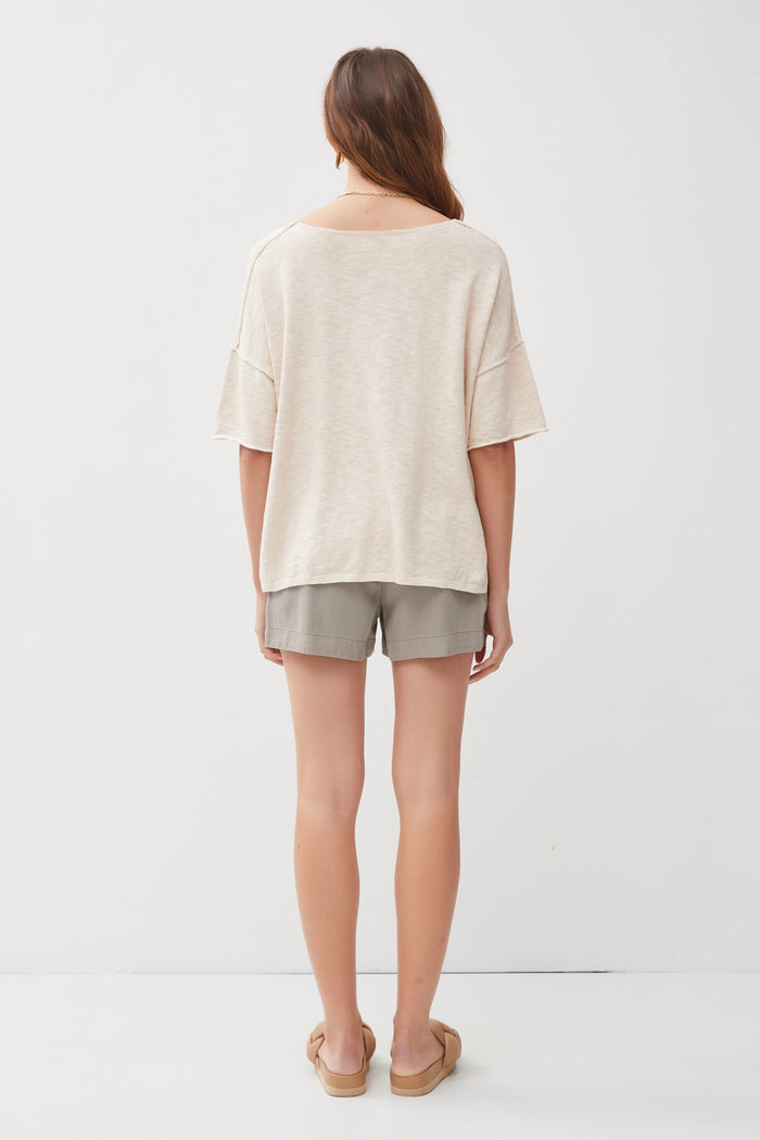 Cream Knit Drop Shoulder Short Sleeve Top