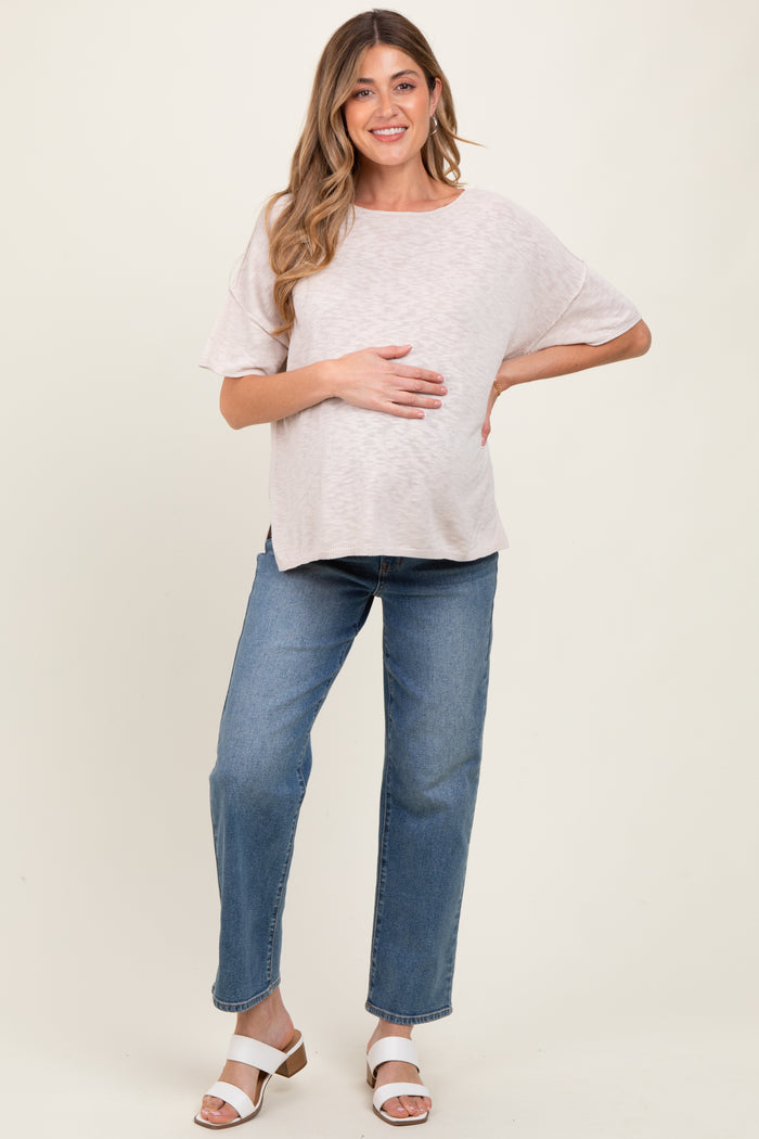 Cream Knit Drop Shoulder Short Sleeve Maternity Top