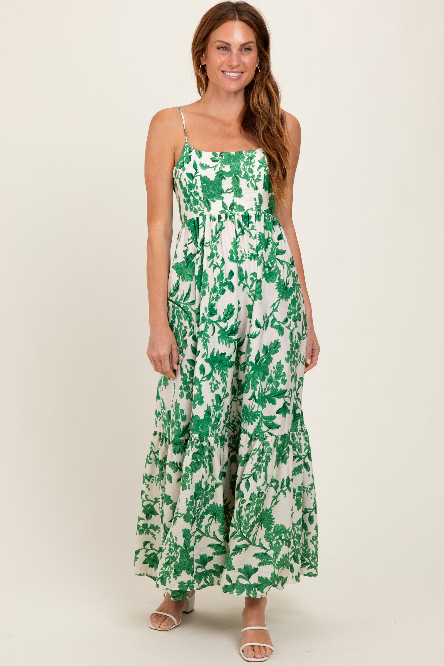 Green Floral Cutout Tie Back Maxi Dress