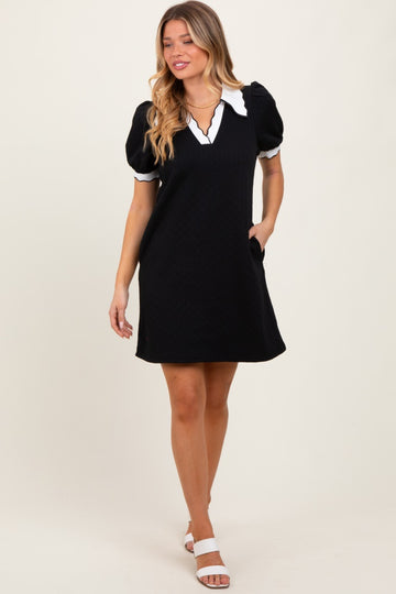 Black Textured Knit Contrast Collar Mini Dress