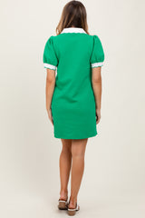 Green Textured Knit Contrast Collar Mini Dress