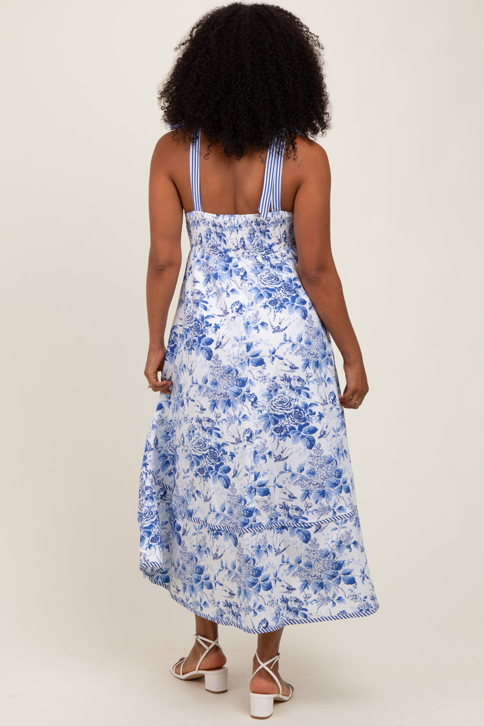 Blue Floral Shoulder Tie Striped Trim Midi Dress