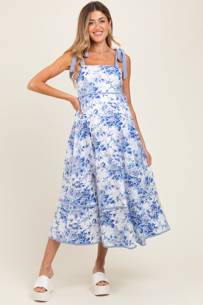 Blue Floral Shoulder Tie Striped Trim Maternity Midi Dress