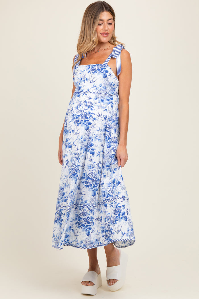 Blue Floral Shoulder Tie Striped Trim Maternity Midi Dress