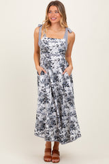 Black Floral Shoulder Tie Striped Trim Midi Dress