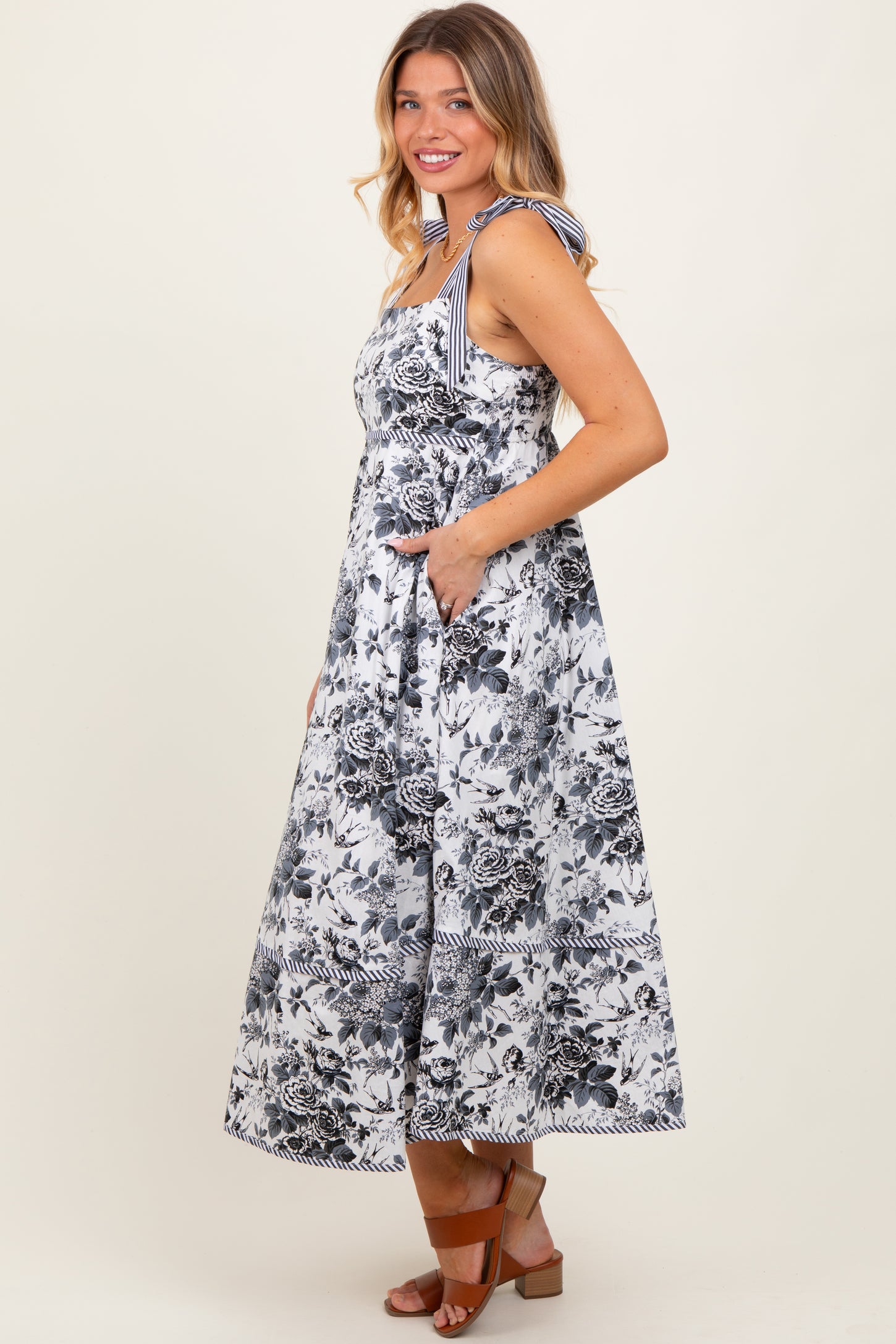 Black Floral Shoulder Tie Striped Trim Midi Dress