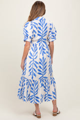Blue Leaf Print Scallop Trim Maternity Midi Shirt Dress