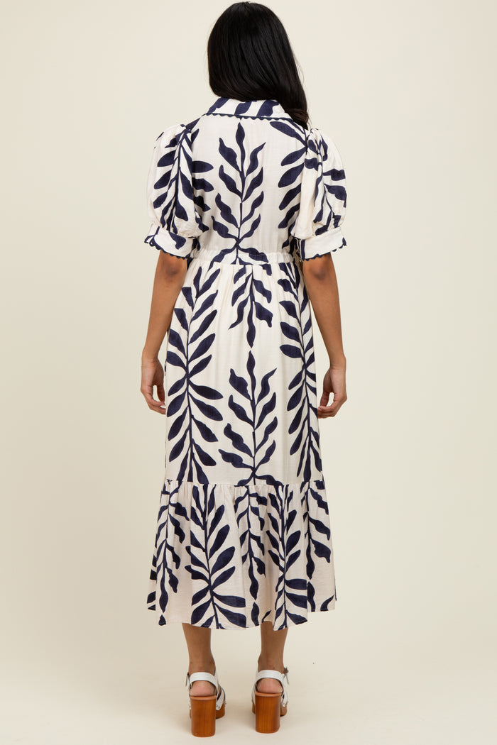 Navy Blue Leaf Print Scallop Trim Midi Shirt Dress