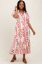 Pink Leaf Print Scallop Trim Midi Shirt Dress