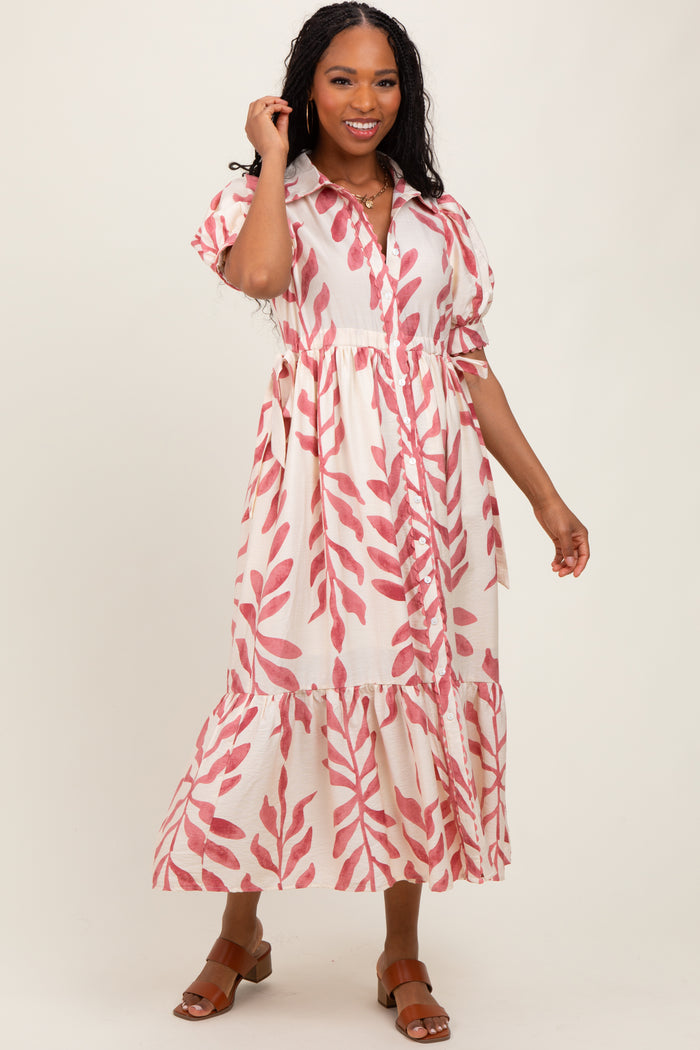 Pink Leaf Print Scallop Trim Maternity Midi Shirt Dress