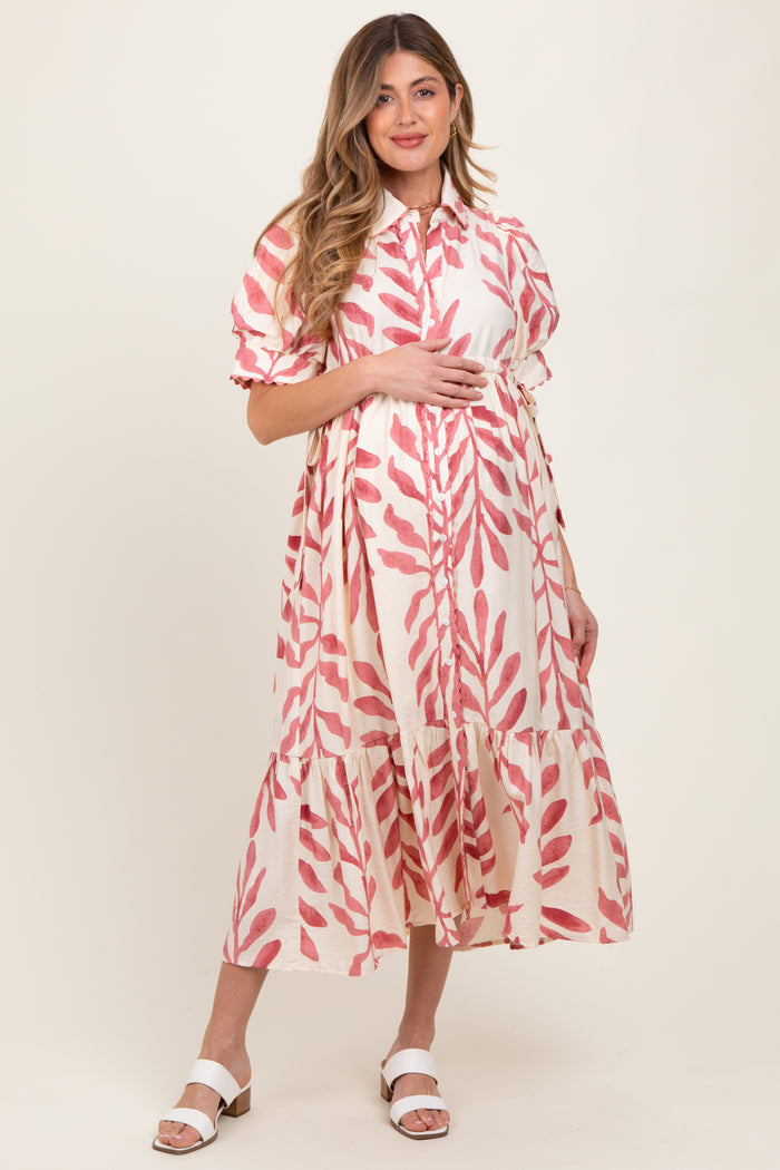 Pink Leaf Print Scallop Trim Maternity Midi Shirt Dress