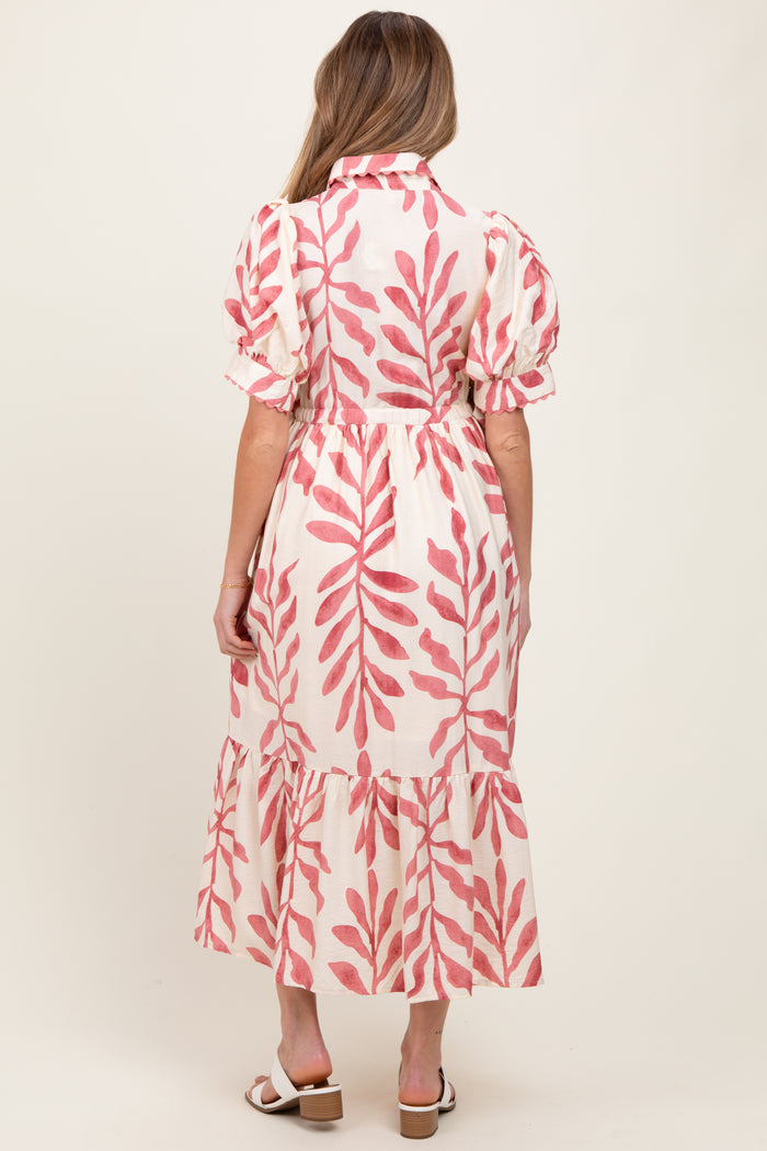 Pink Leaf Print Scallop Trim Maternity Midi Shirt Dress