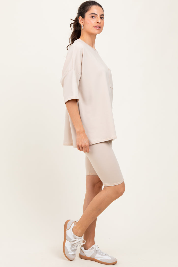 Beige Oversized Short Sleeve Biker Short Set