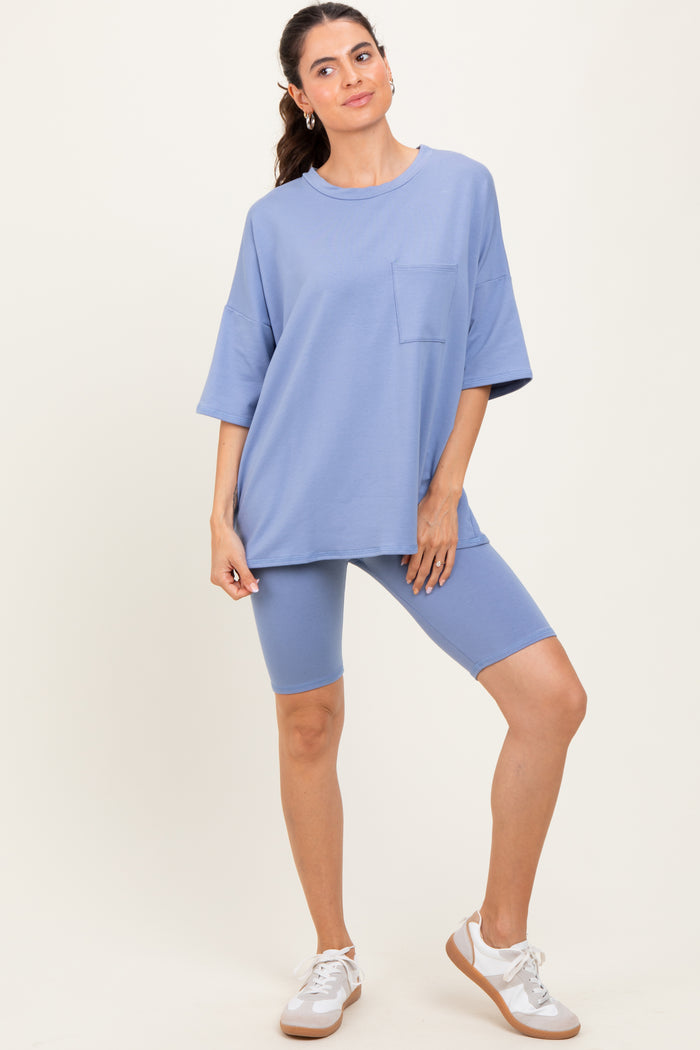 Blue Oversized Short Sleeve Biker Short Maternity Set