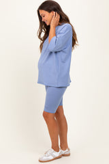 Blue Oversized Short Sleeve Biker Short Maternity Set