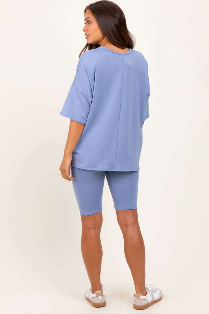 Blue Oversized Short Sleeve Biker Short Maternity Set