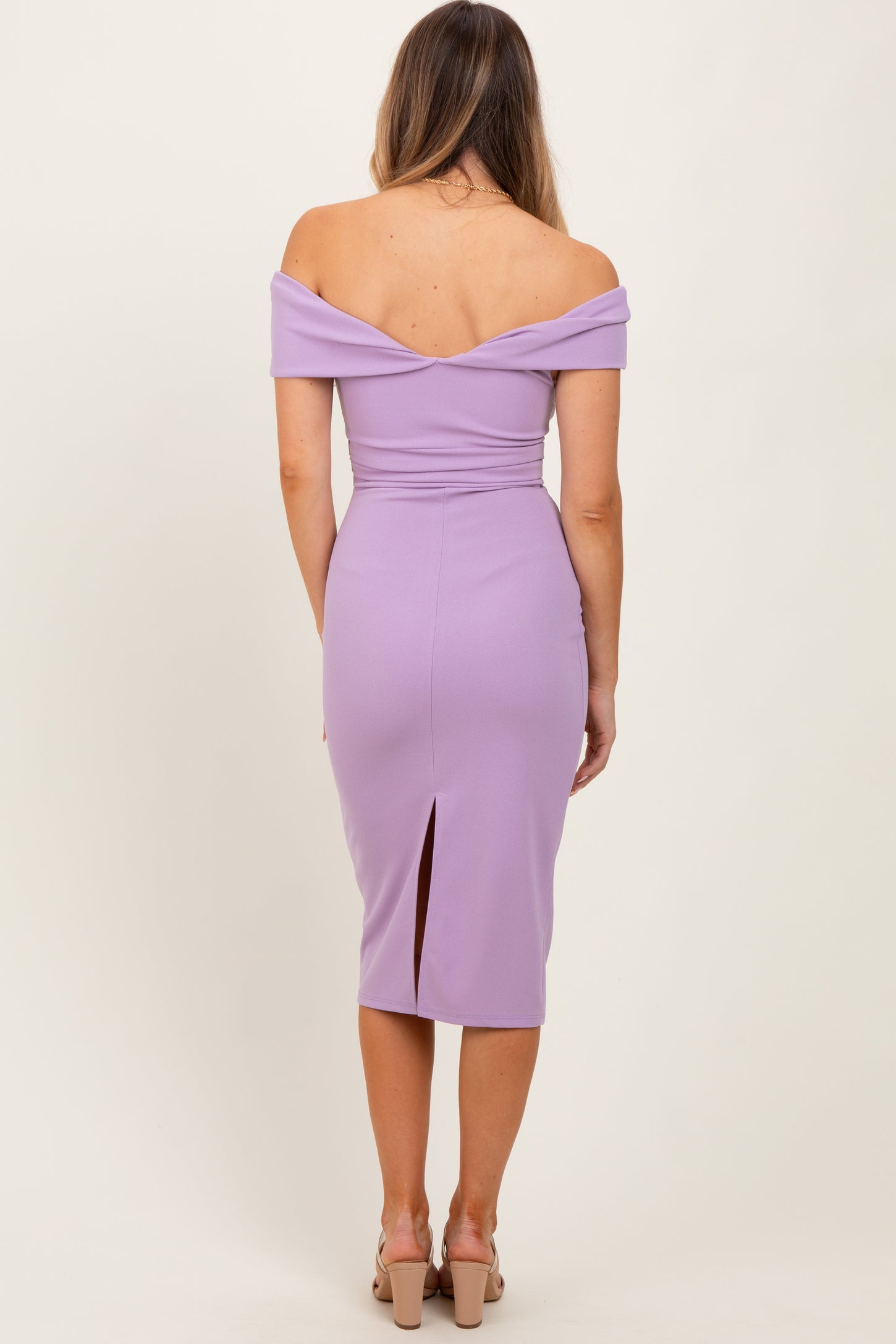 Lavender Off Shoulder Fitted Midi Dress