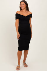 Black Off Shoulder Fitted Maternity Midi Dress