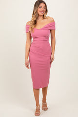 Mauve Off Shoulder Fitted Midi Dress