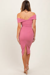 Mauve Off Shoulder Fitted Midi Dress
