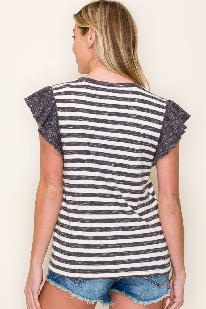 Charcoal Ribbed Striped Flutter Sleeve Top